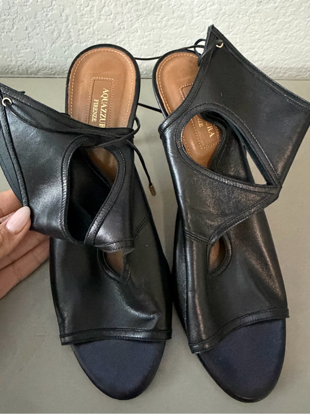 Aquazzura Black Leather Lace-Up Cutout Heels